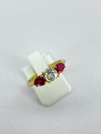 0.65ct Old Mine Cut Diamond & Ruby Three Stone Ring | 18ct Yellow Gold