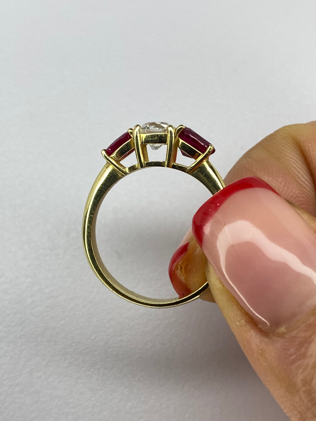 0.65ct Old Mine Cut Diamond & Ruby Three Stone Ring | 18ct Yellow Gold