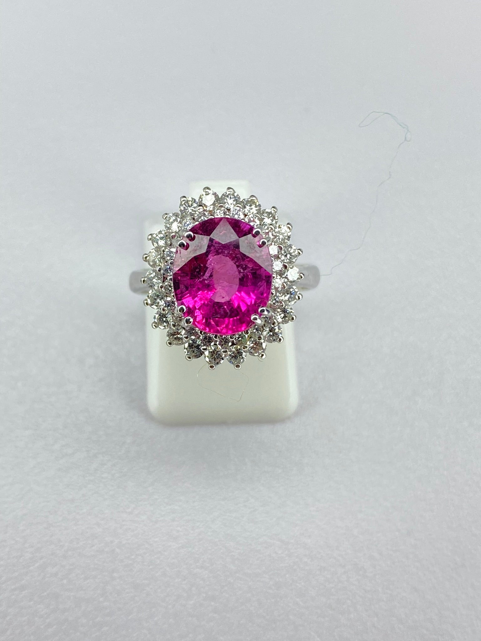 Pink Tourmaline & Diamond Halo Ring in White Gold