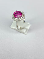 Pink Tourmaline & Diamond Halo Ring in White Gold