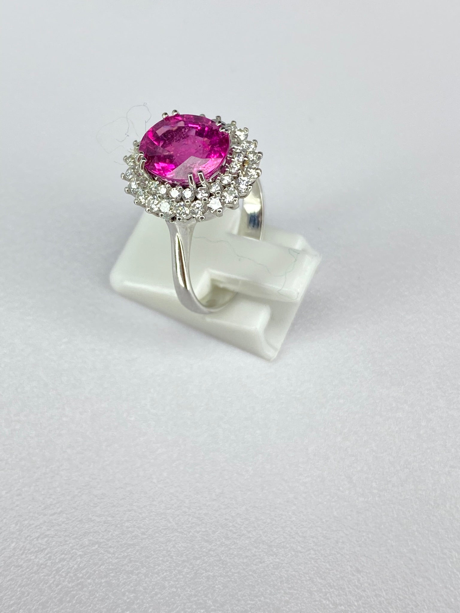 Pink Tourmaline & Diamond Halo Ring in White Gold