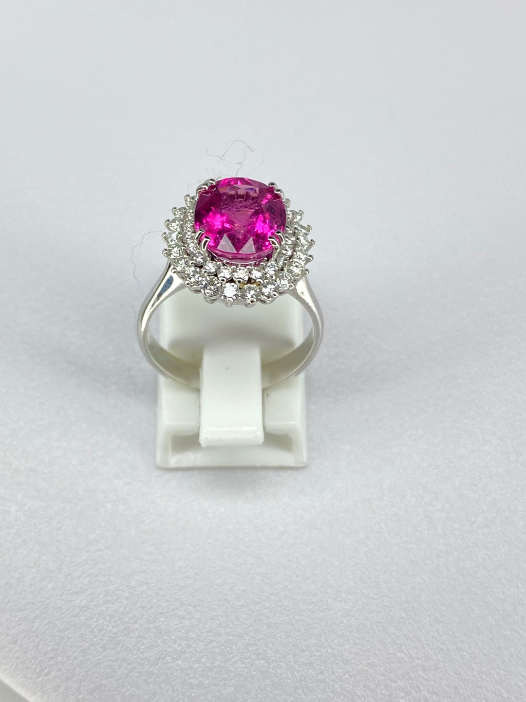 Pink Tourmaline & Diamond Halo Ring in White Gold