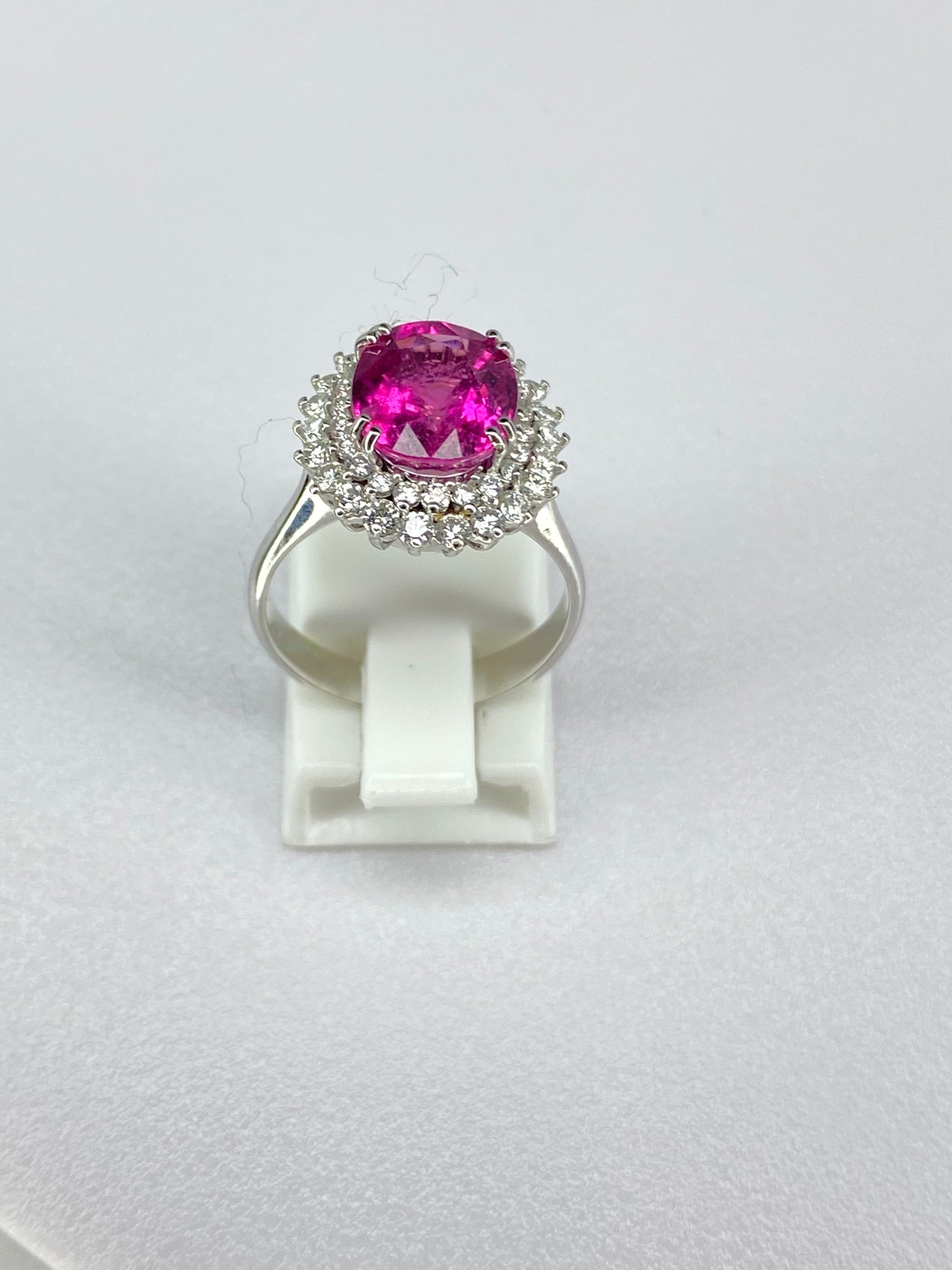 Pink Tourmaline & Diamond Halo Ring in White Gold