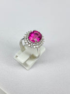 Pink Tourmaline & Diamond Halo Ring in White Gold