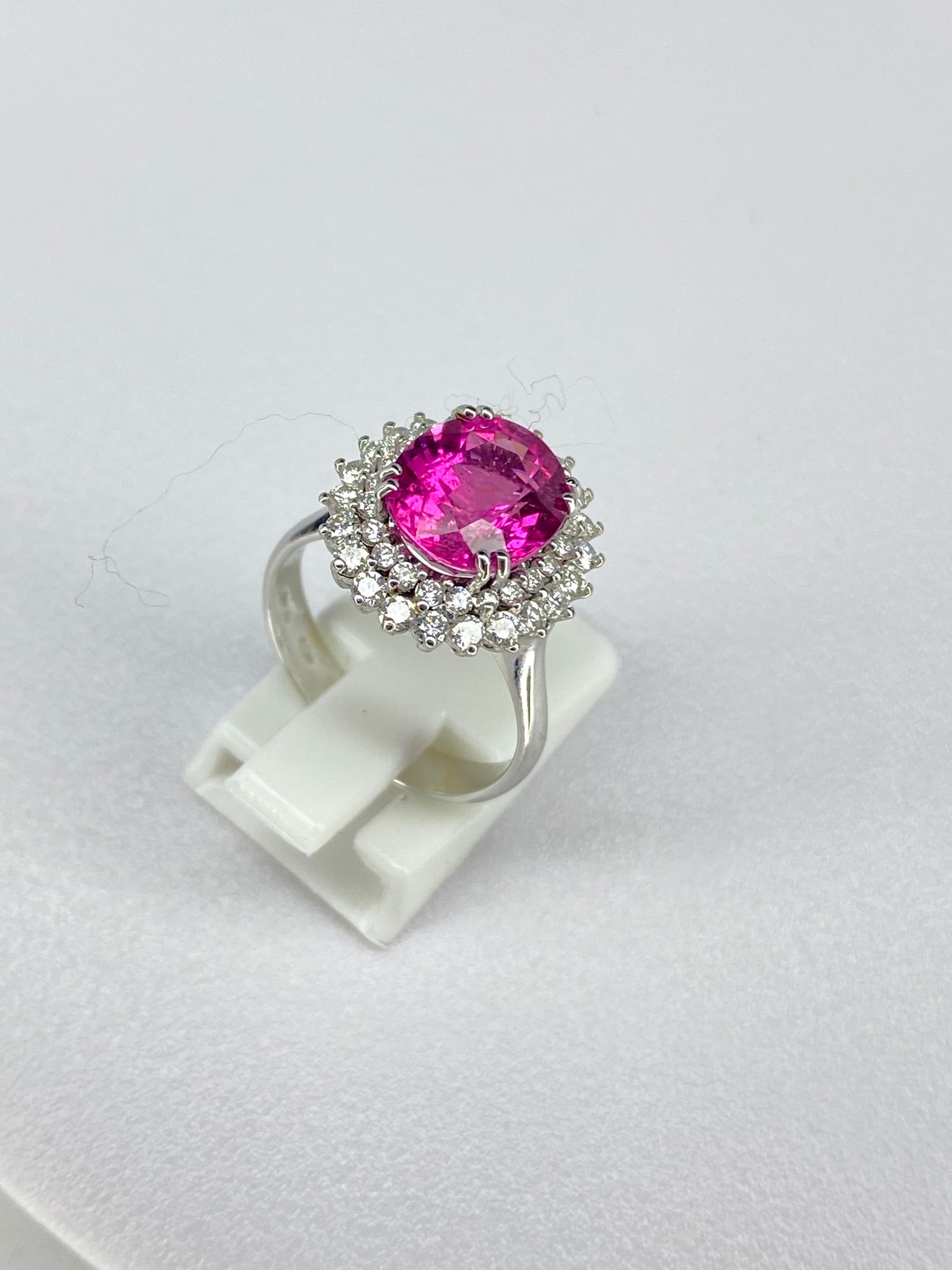 Pink Tourmaline & Diamond Halo Ring in White Gold