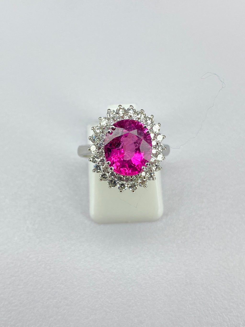 Pink Tourmaline & Diamond Halo Ring in White Gold