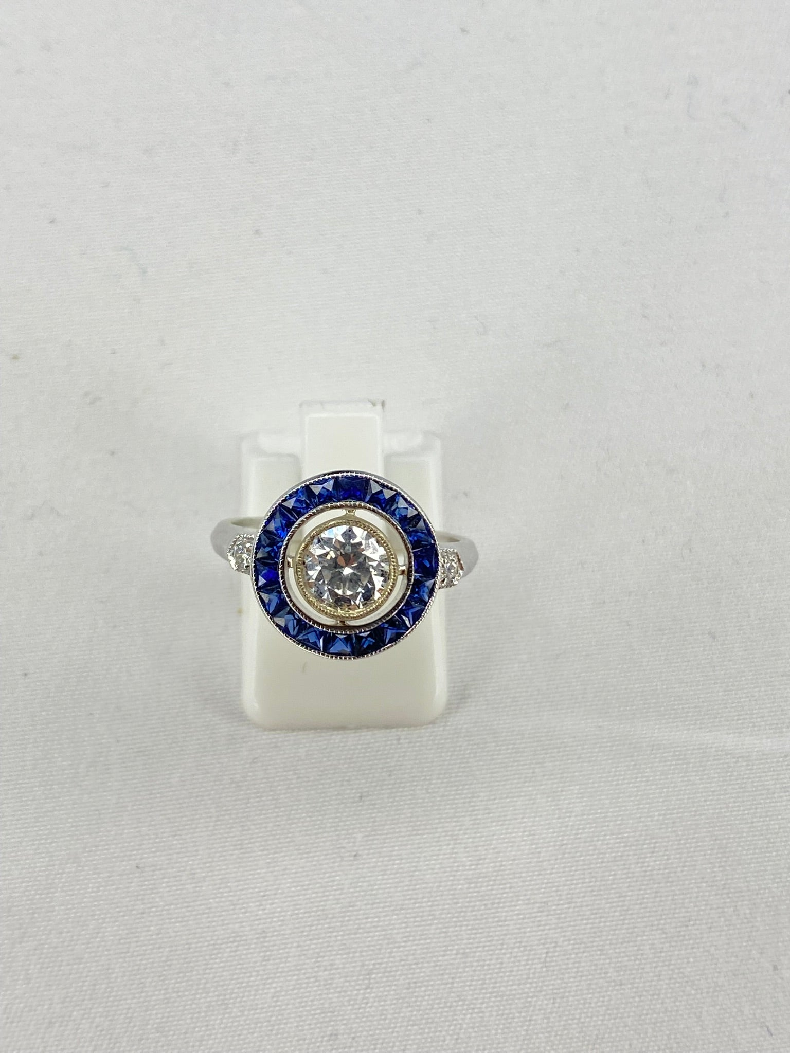 Art Deco Style Diamond & Sapphire Ring | 0.70ct G VS2 Diamond | 18K Gold