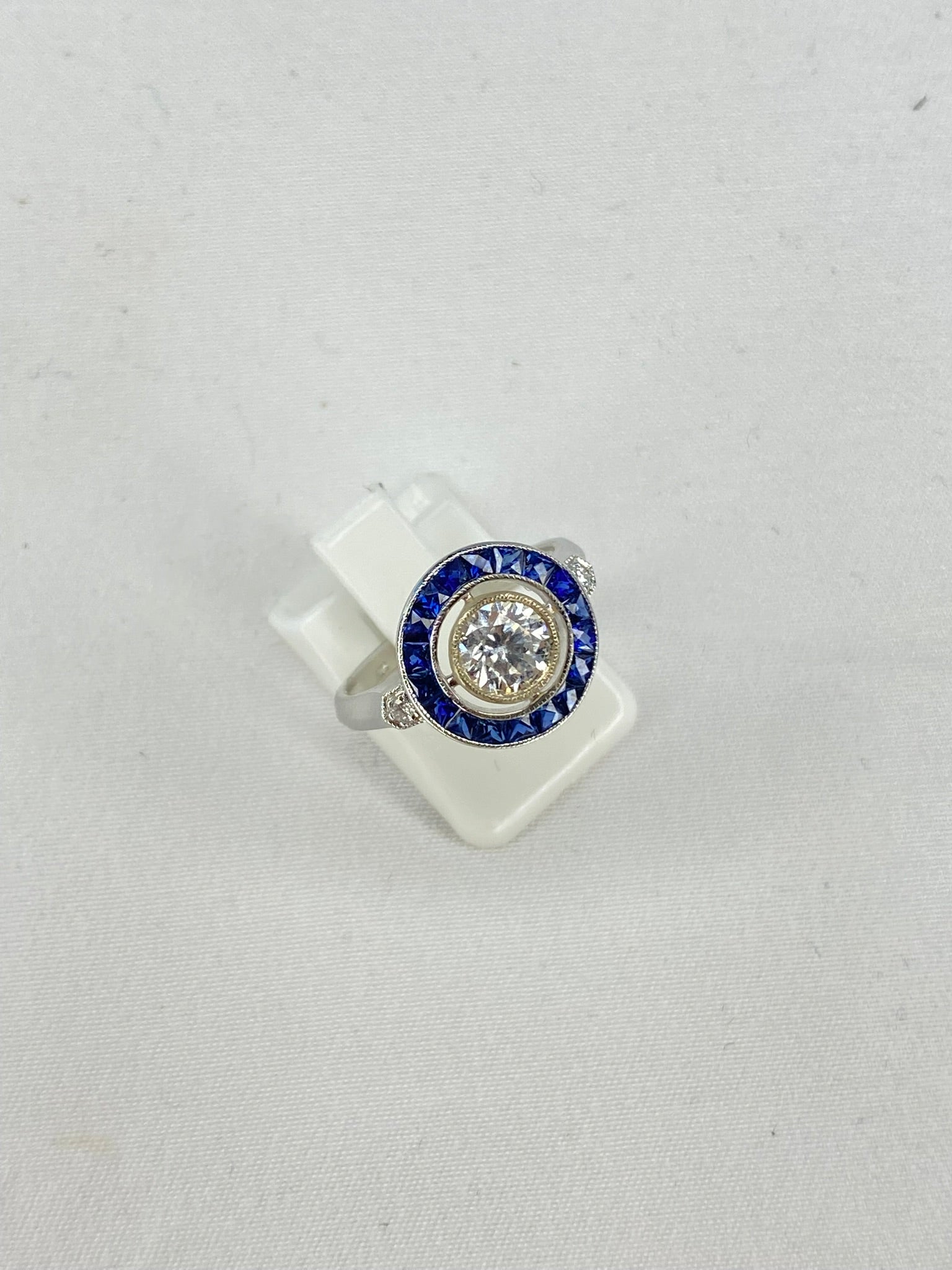 Art Deco Style Diamond & Sapphire Ring | 0.70ct G VS2 Diamond | 18K Gold
