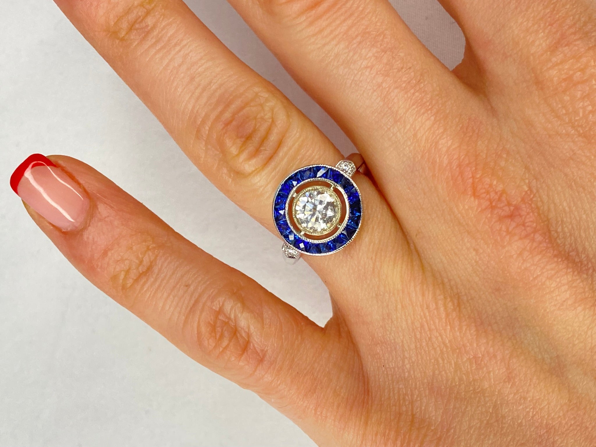 Art Deco Style Diamond & Sapphire Ring | 0.70ct G VS2 Diamond | 18K Gold