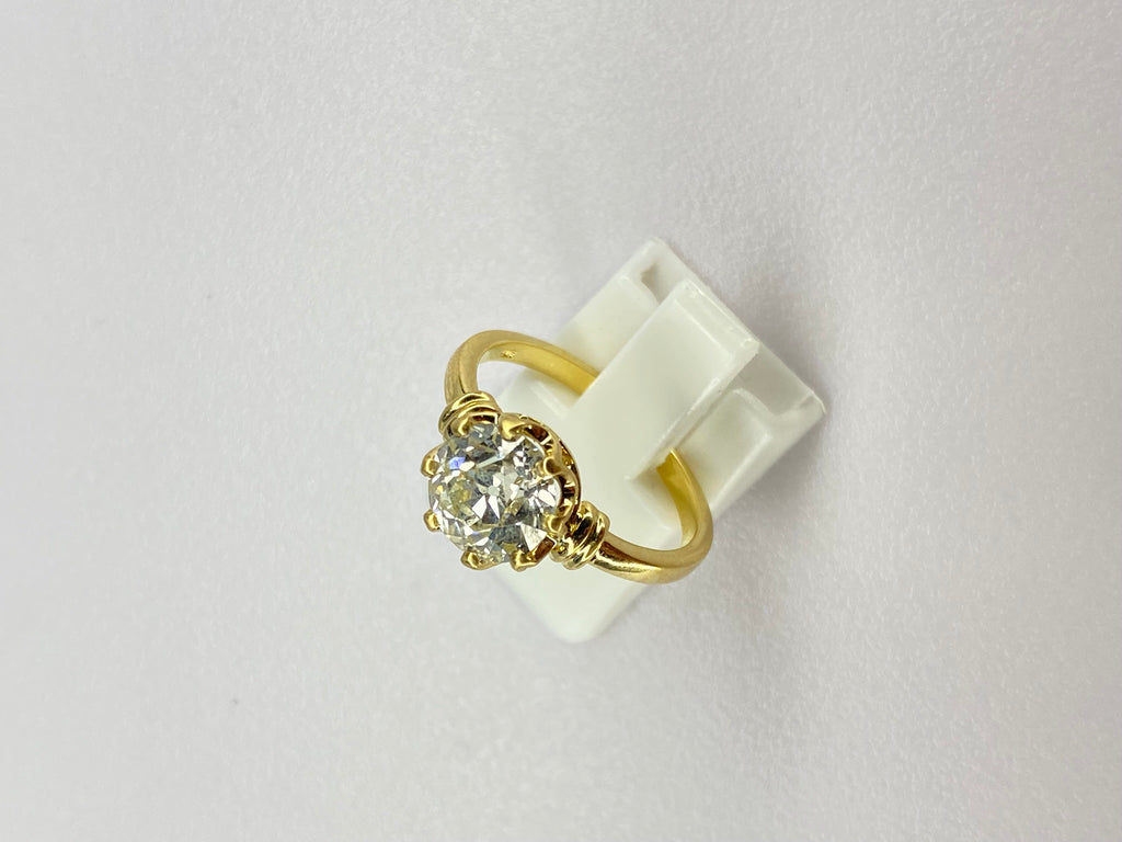 1.84ct Old Mine Cut Diamond Bamboo Solitaire Engagement Ring | 18K Yellow Gold