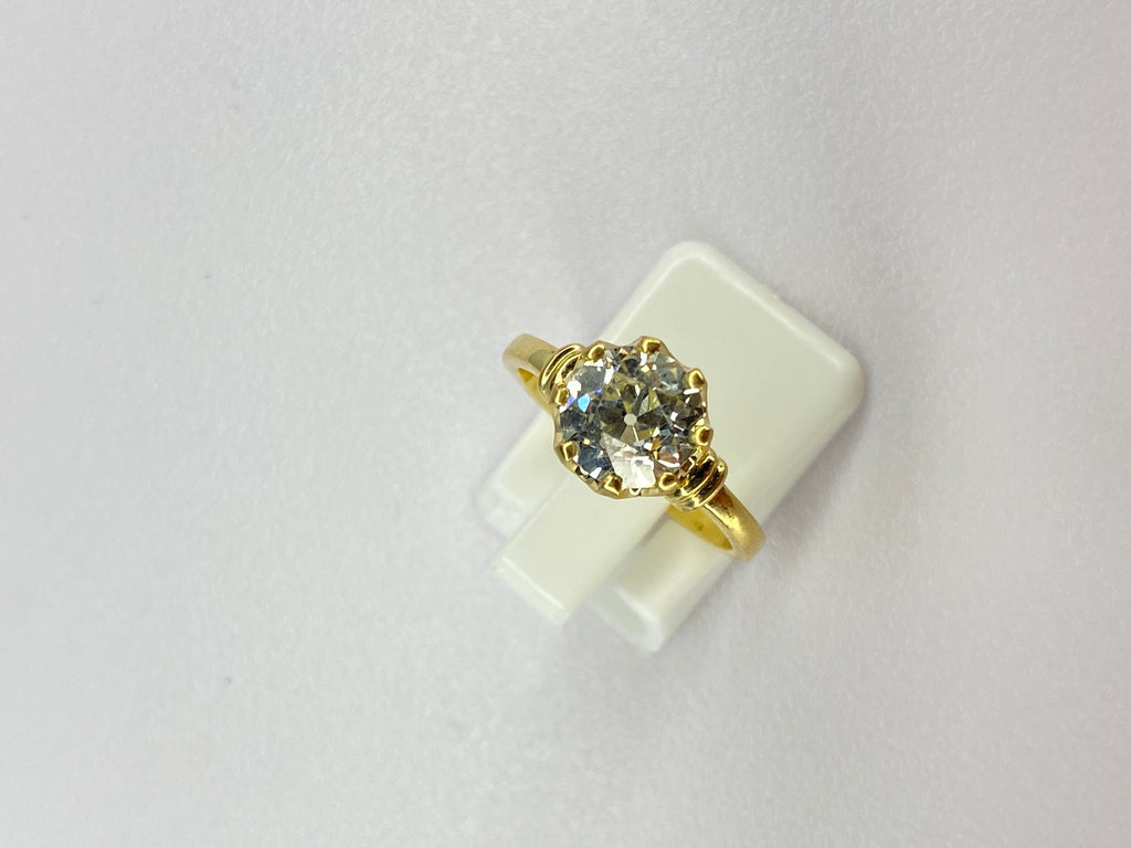1.84ct Old Mine Cut Diamond Bamboo Solitaire Engagement Ring | 18K Yellow Gold