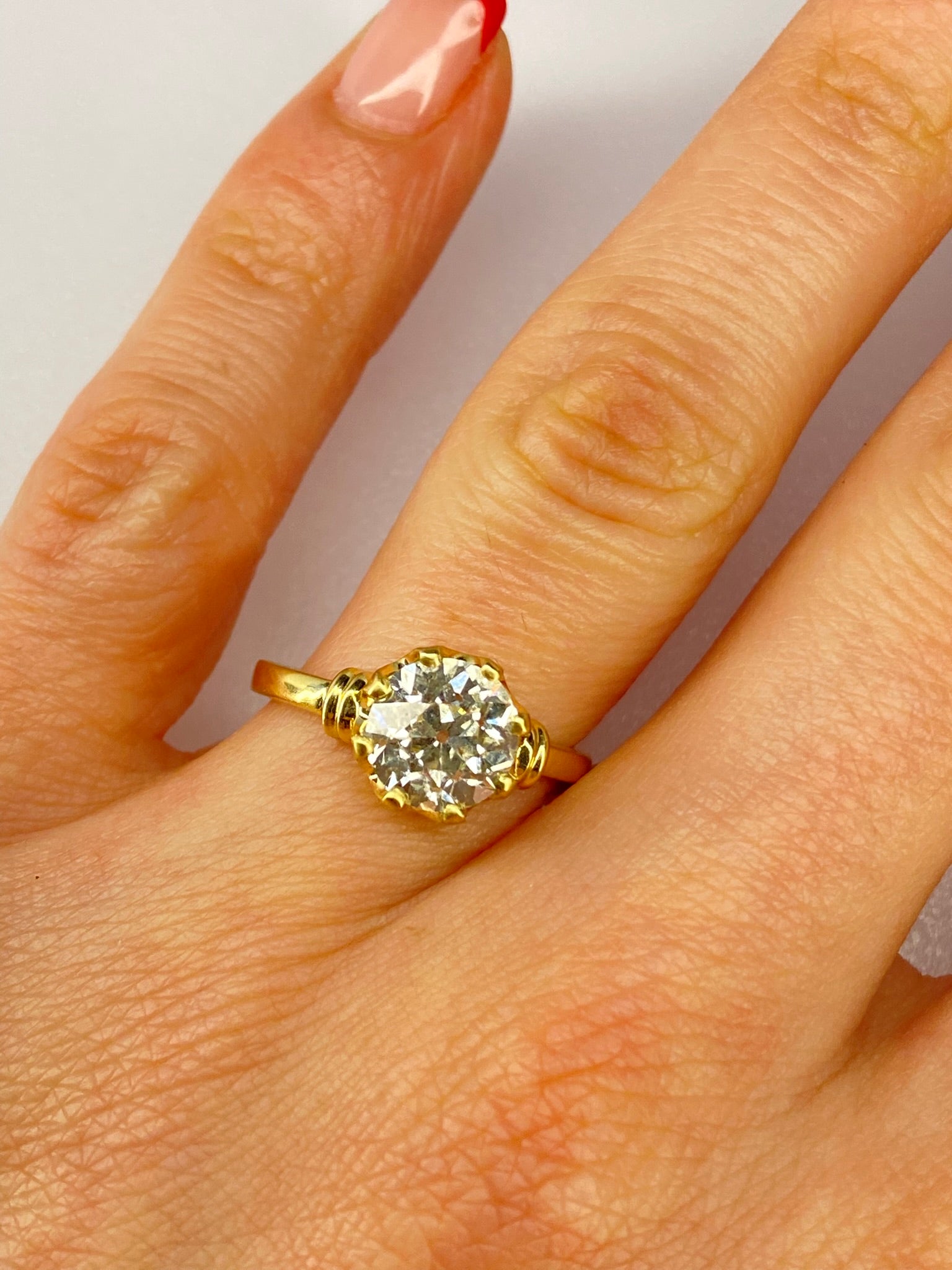 1.84ct Old Mine Cut Diamond Bamboo Solitaire Engagement Ring | 18K Yellow Gold