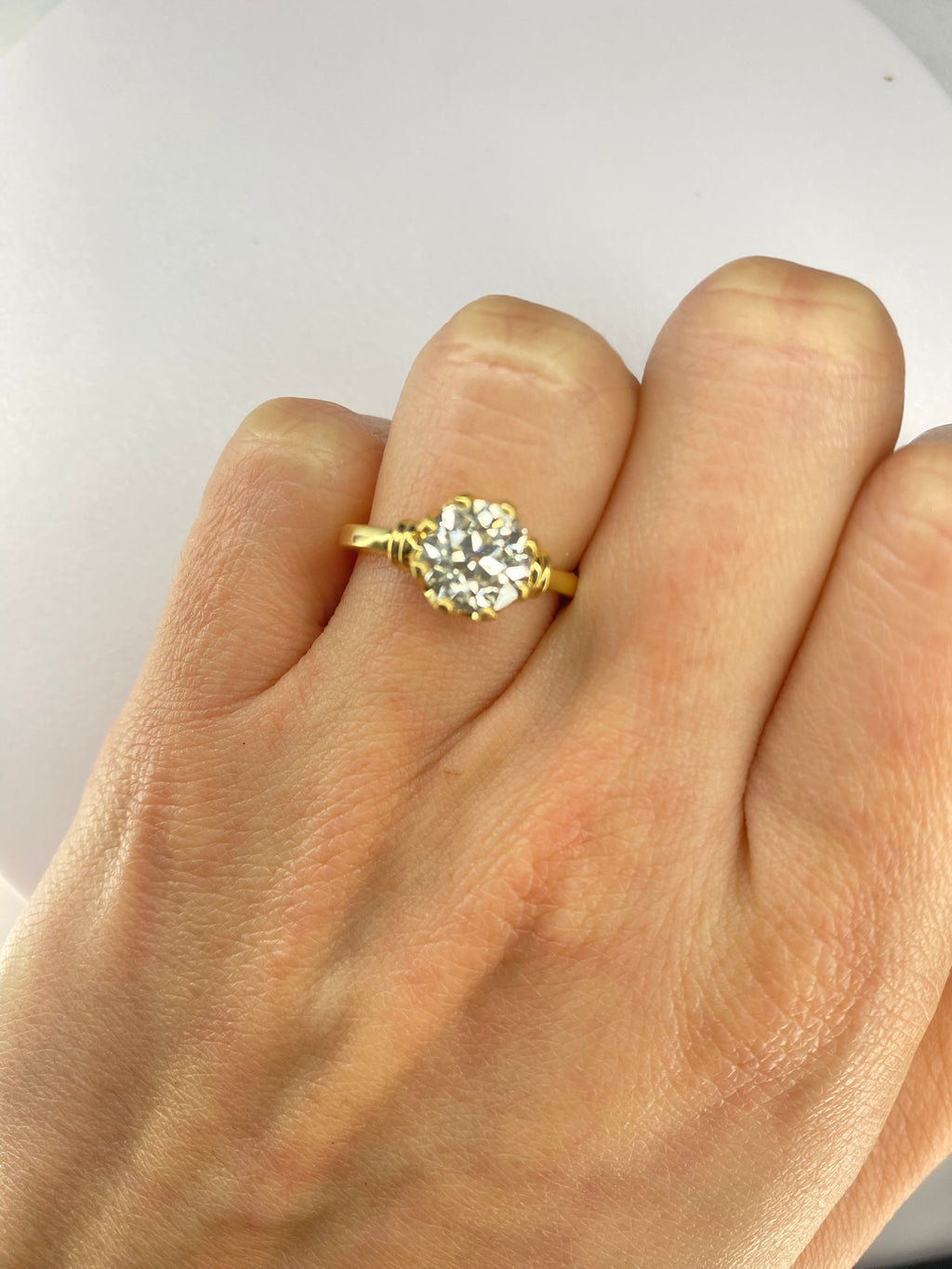 1.84ct Old Mine Cut Diamond Bamboo Solitaire Engagement Ring | 18K Yellow Gold