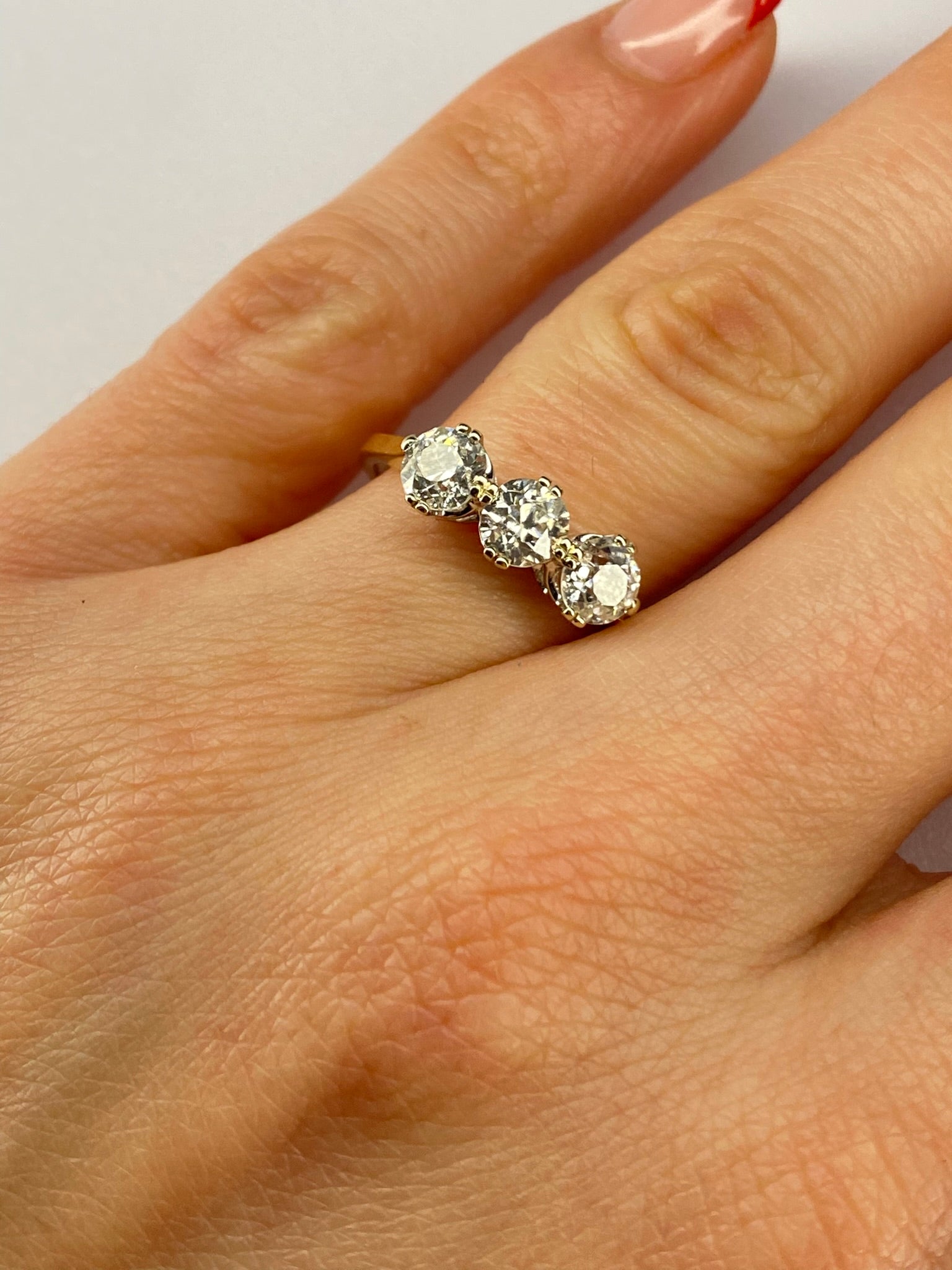 Old Mine Cut Diamond Three Stone Ring | 1.50ct Total | 18K Yellow Gold