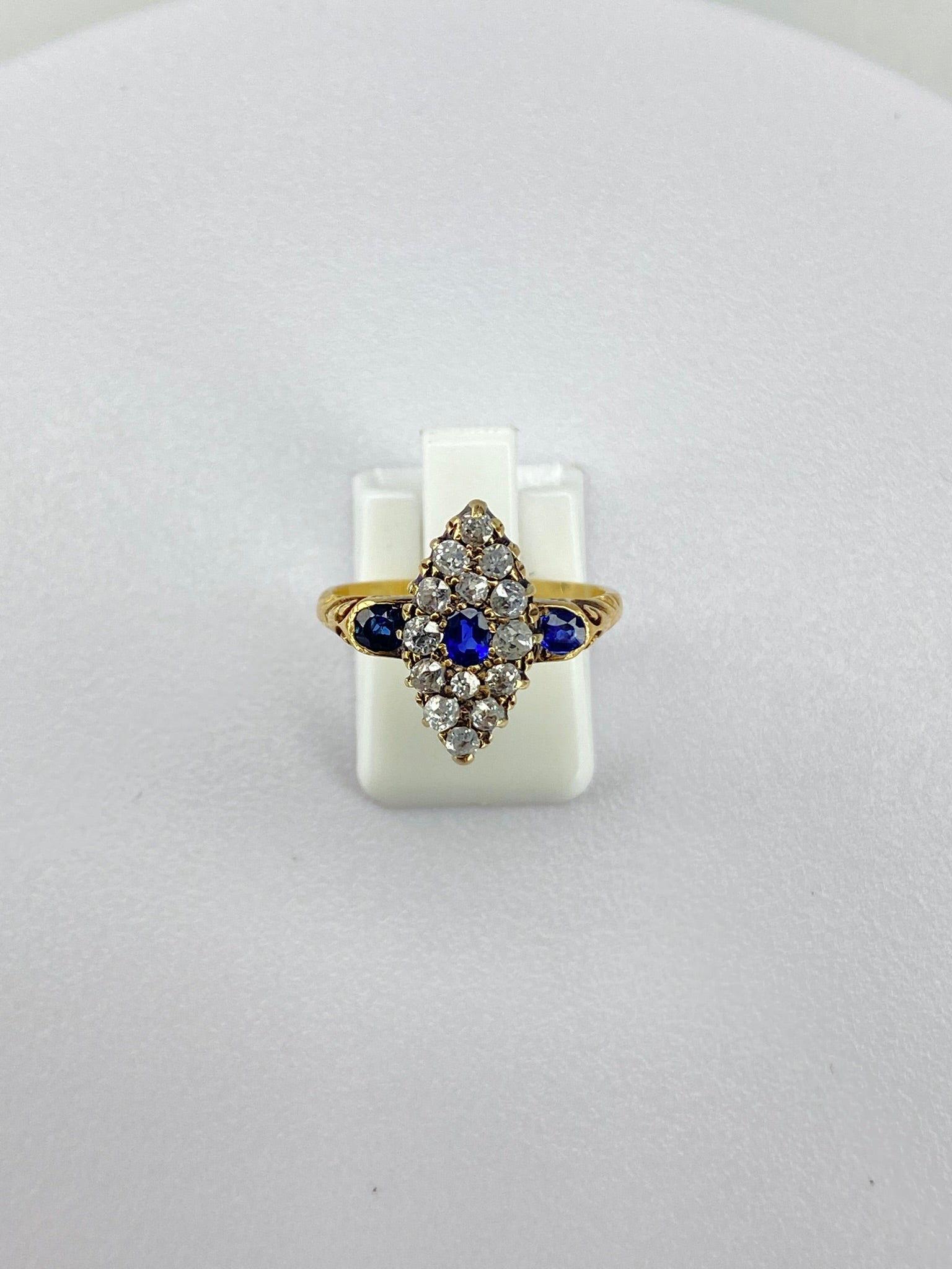 Victorian Style Diamond & Sapphire Almond Ring | 15K Gold Antique Design