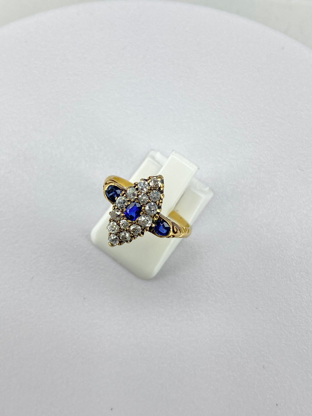 Victorian Style Diamond & Sapphire Almond Ring | 15K Gold Antique Design