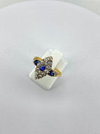 Victorian Style Diamond & Sapphire Almond Ring | 15K Gold Antique Design
