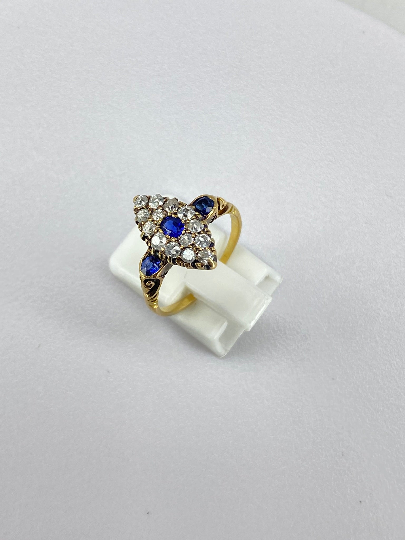 Victorian Style Diamond & Sapphire Almond Ring | 15K Gold Antique Design