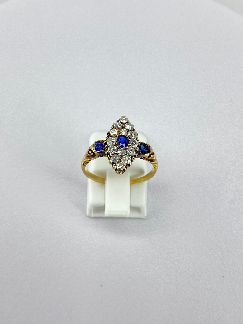 Victorian Style Diamond & Sapphire Almond Ring | 15K Gold Antique Design