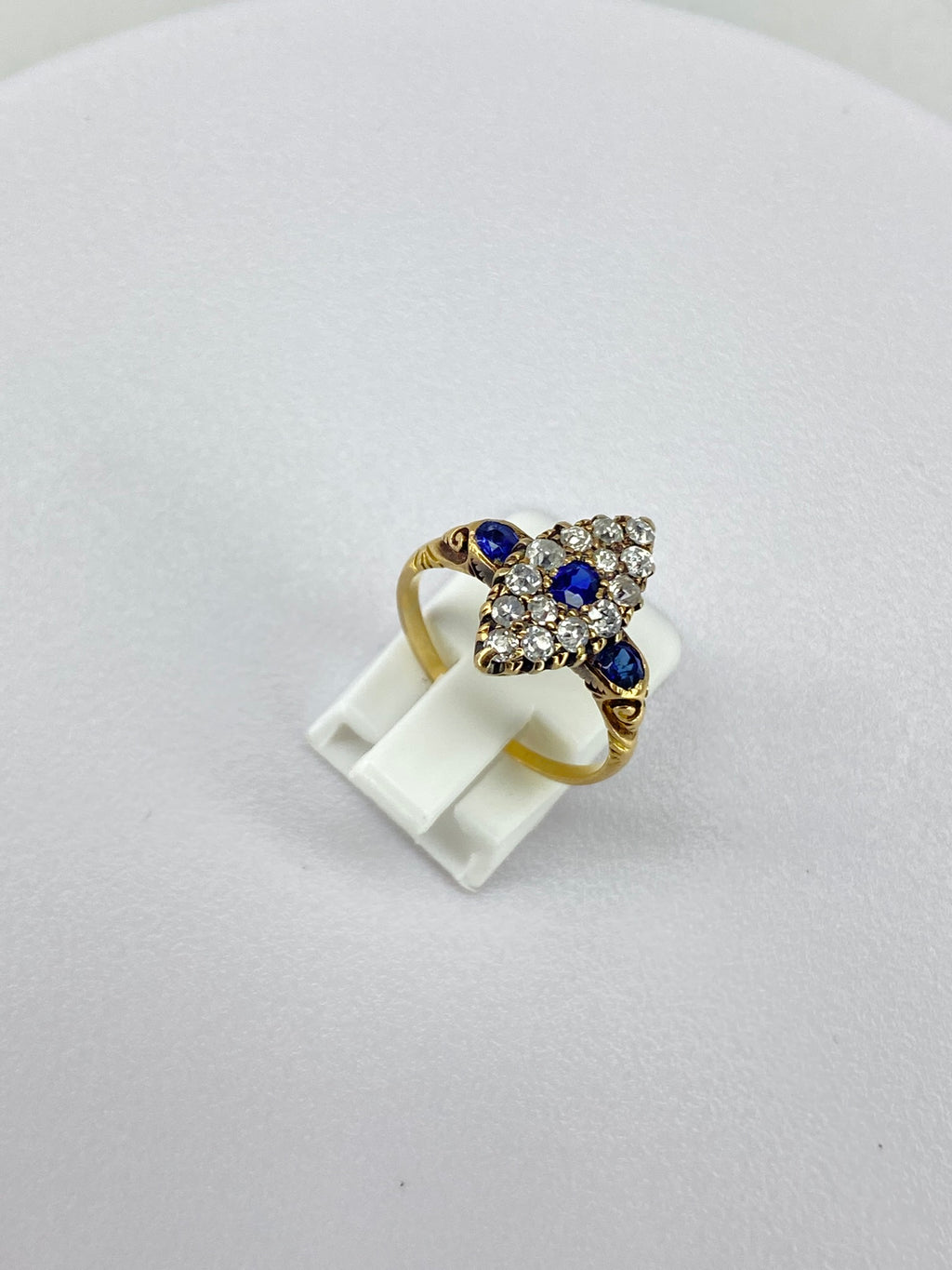 Victorian Style Diamond & Sapphire Almond Ring | 15K Gold Antique Design