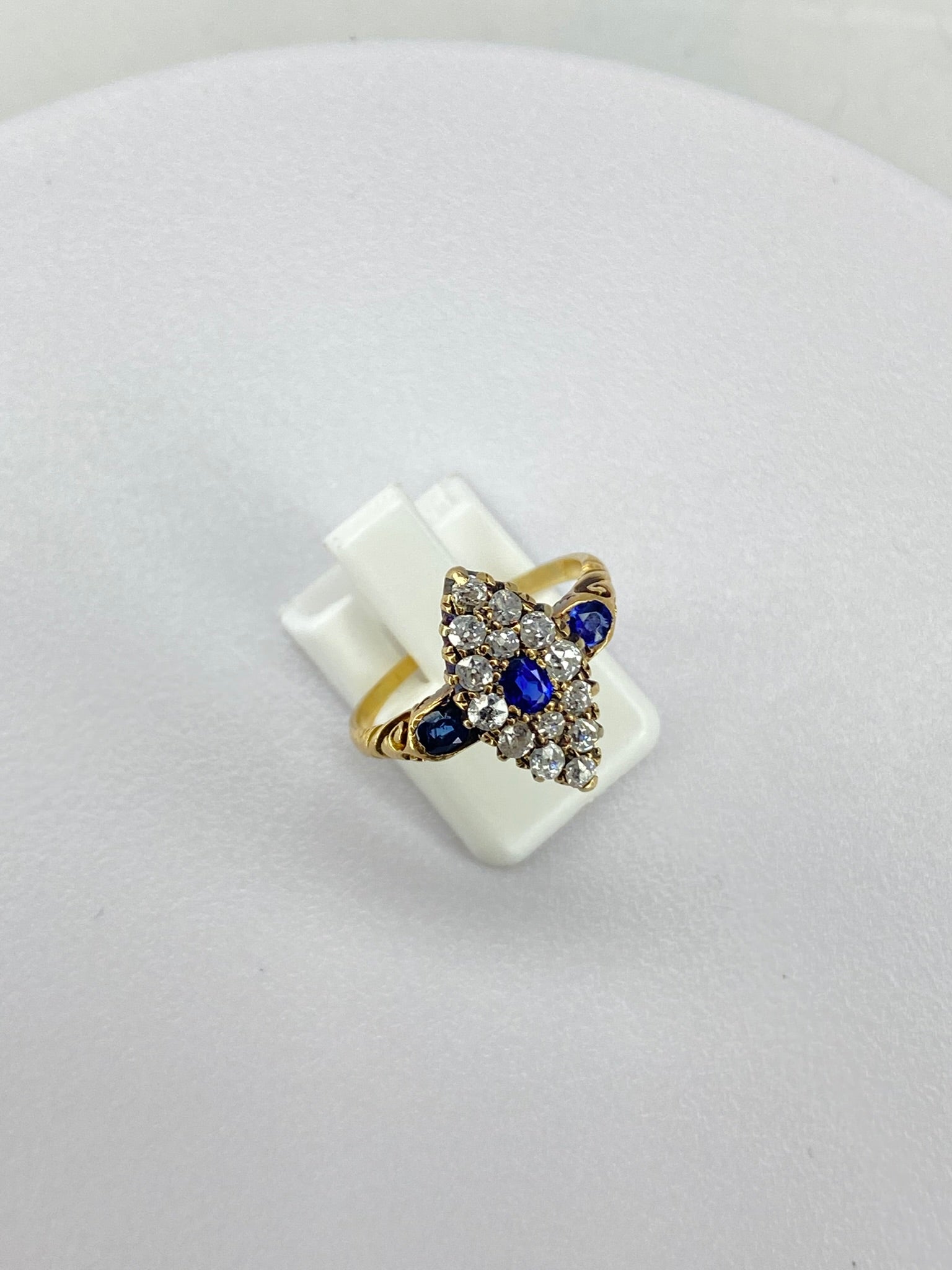 Victorian Style Diamond & Sapphire Almond Ring | 15K Gold Antique Design
