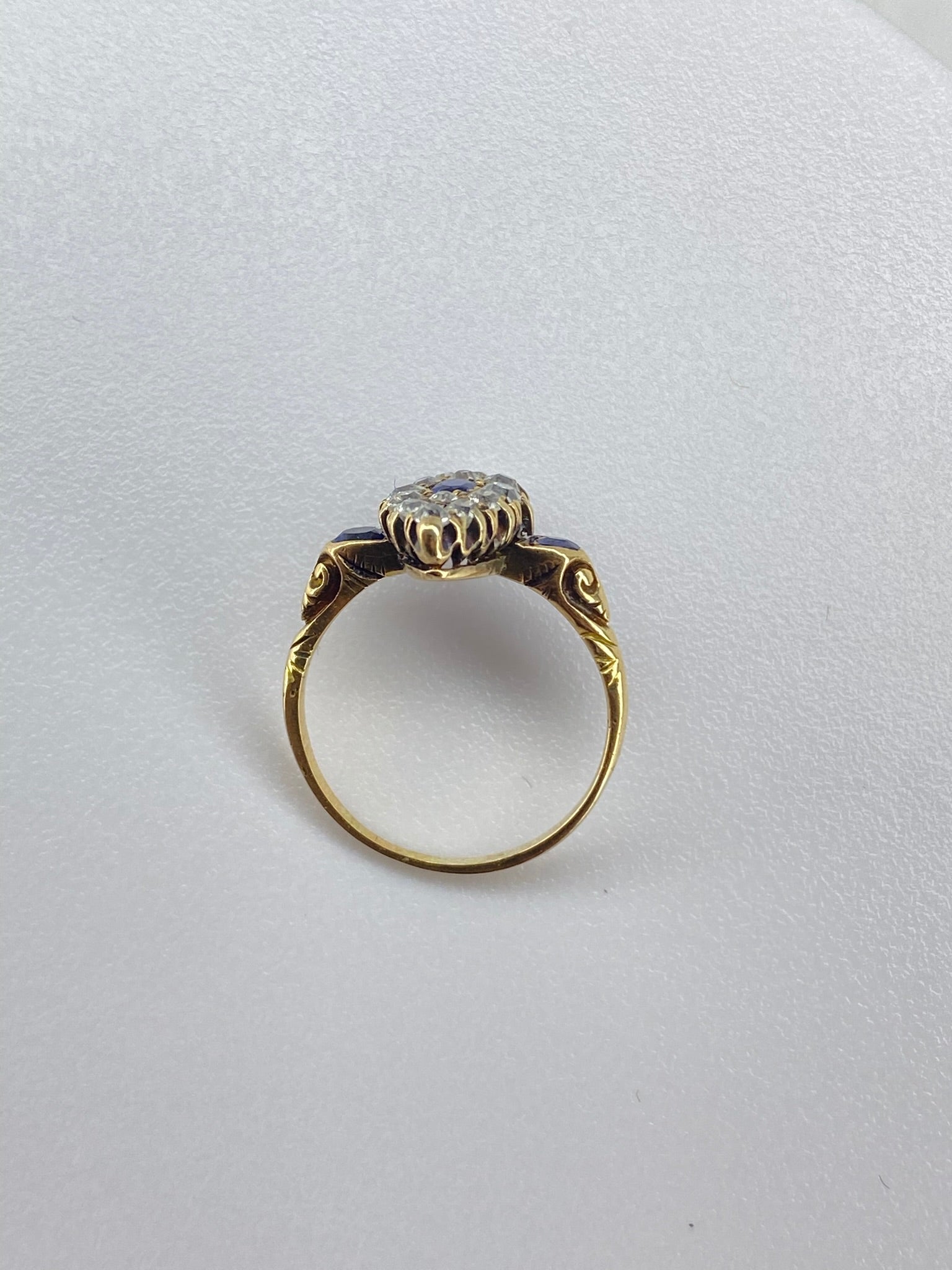 Victorian Style Diamond & Sapphire Almond Ring | 15K Gold Antique Design