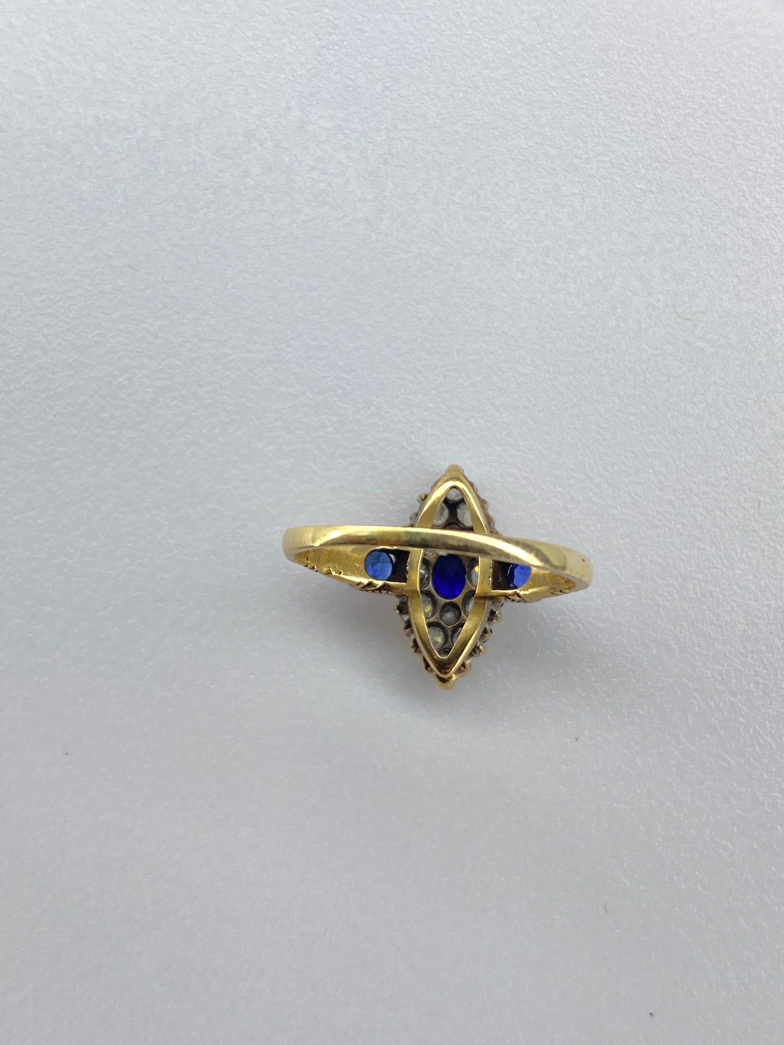 Victorian Style Diamond & Sapphire Almond Ring | 15K Gold Antique Design