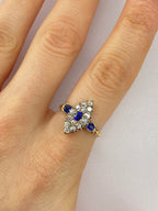 Victorian Style Diamond & Sapphire Almond Ring | 15K Gold Antique Design