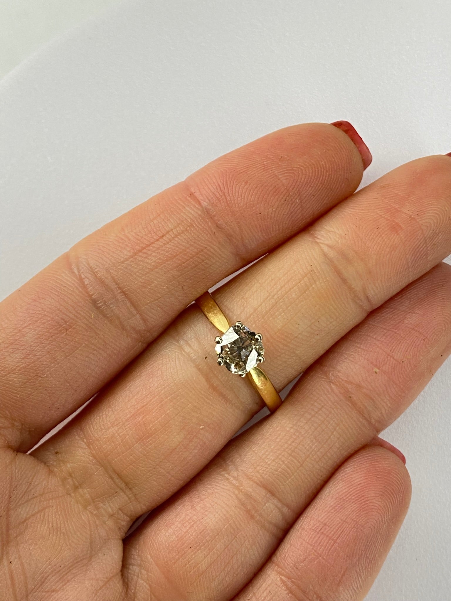 0.70ct Old Mine Cut Diamond Solitaire Ring – Antique Cut Diamond Engagement Ring in 18K Yellow Gold Size Q