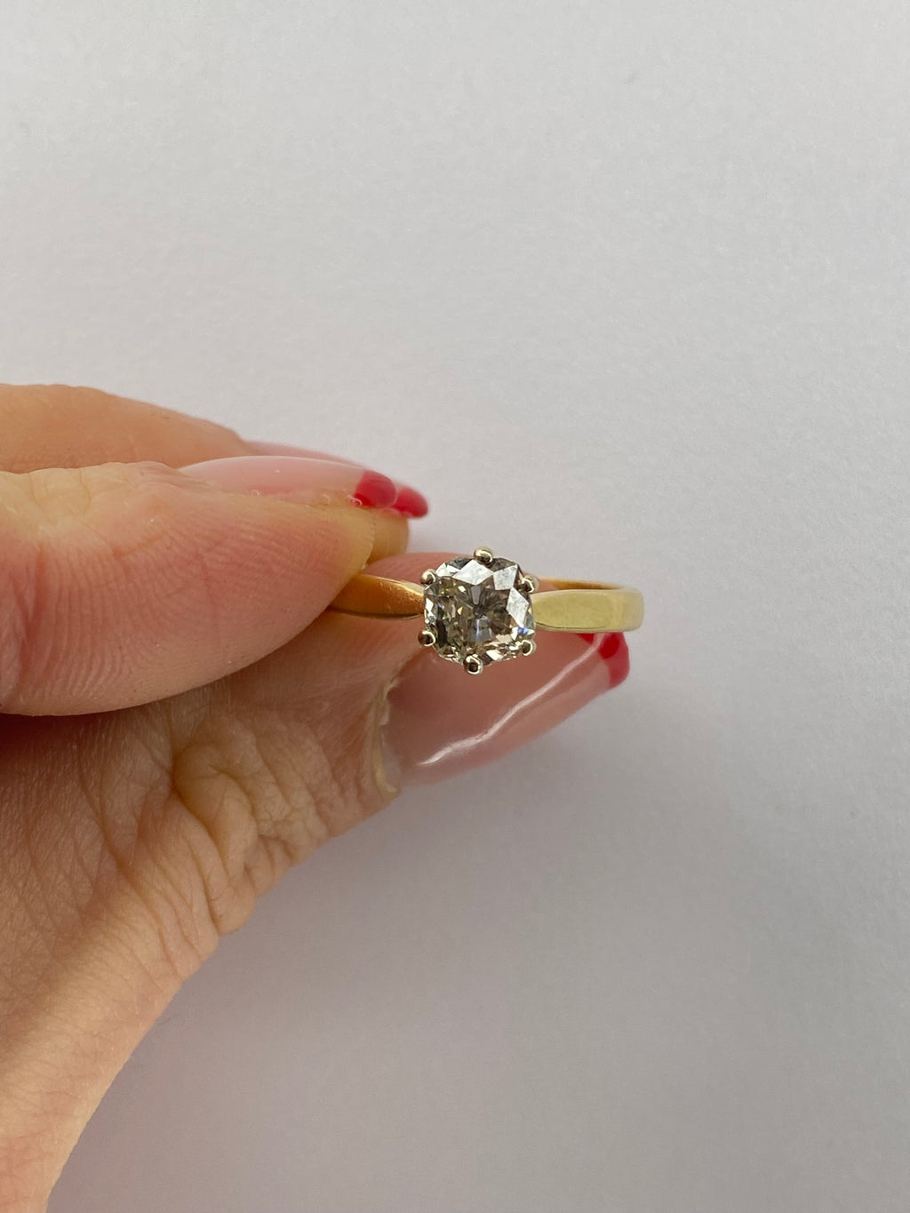 0.70ct Old Mine Cut Diamond Solitaire Ring – Antique Cut Diamond Engagement Ring in 18K Yellow Gold Size Q