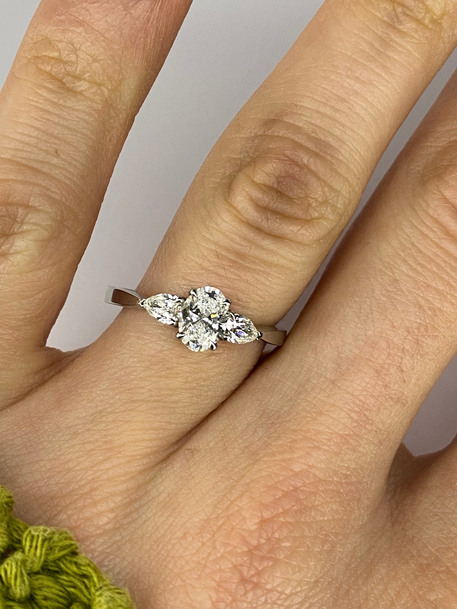 Oval Diamond & Pear Trilogy Ring in Platinum – 0.95ct Total Diamond Weight